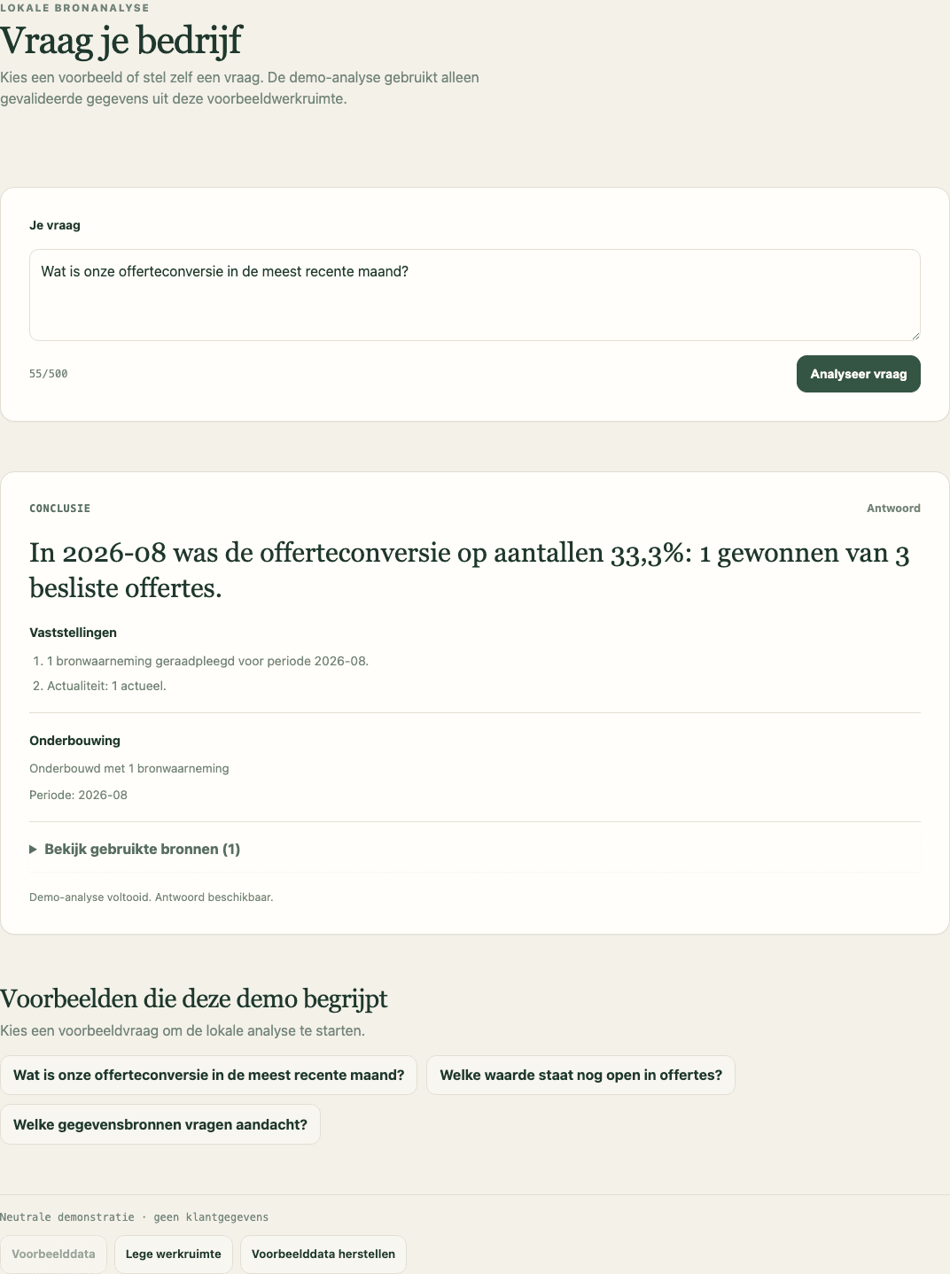 Demonstratie van een AI-vraag op afgeschermde bedrijfsinformatie