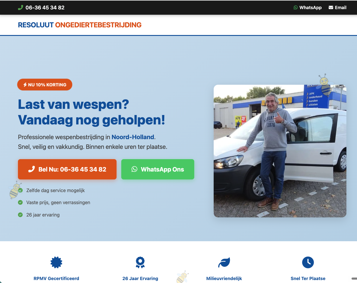 Landingspagina van Resoluut Ongediertebestrijding met een wespenaanbod en directe bel- en WhatsApp-knoppen.
