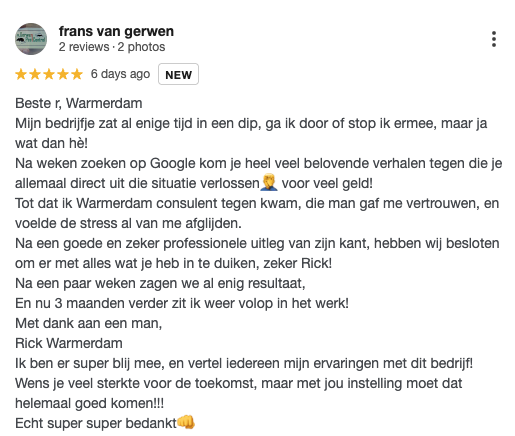 Volledige vijfsterrenreview van Frans van Gerwen over de samenwerking met WarmerdamConsulting en de hernieuwde instroom van werk.